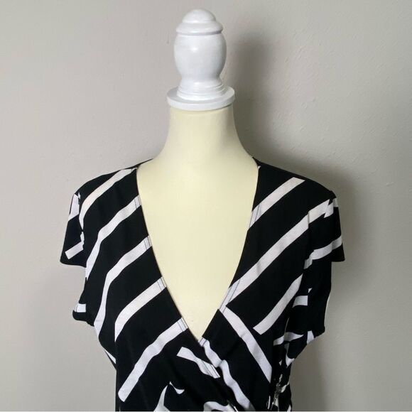 Vintage Joseph Ribkoff Black White Striped Faux Wrap VNeck Blouse Womens Size 18 - Picture 3 of 15